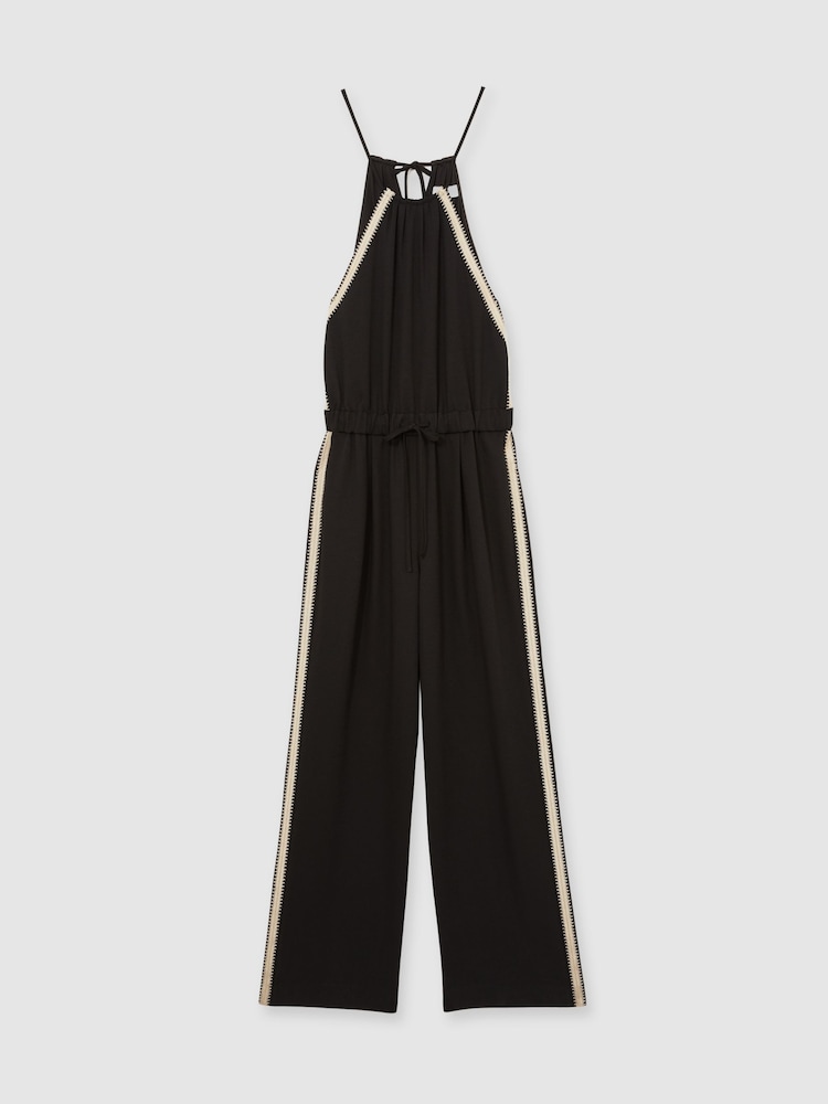 Reiss Black Auden Halterneck Craft Stitch Jumpsuit - Image 2 of 6