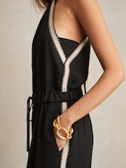 Reiss Black Auden Halterneck Craft Stitch Jumpsuit - Image 3 of 6