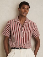Reiss Rust Red/White Tower Textured-Stripe Cuban-Collar Shirt - Image 1 of 6