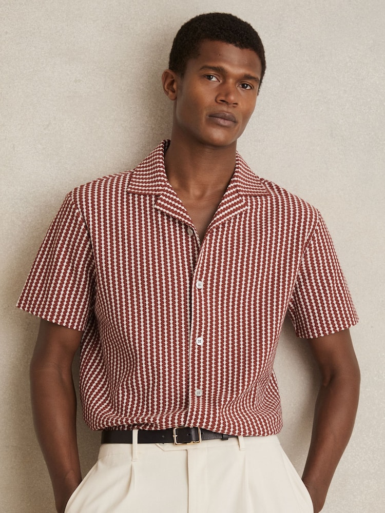 Reiss Rust Red/White Tower Textured-Stripe Cuban-Collar Shirt - Image 1 of 6