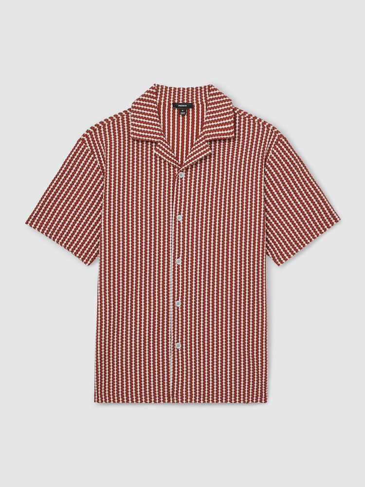 Reiss Rust Red/White Tower Textured-Stripe Cuban-Collar Shirt - Image 2 of 6