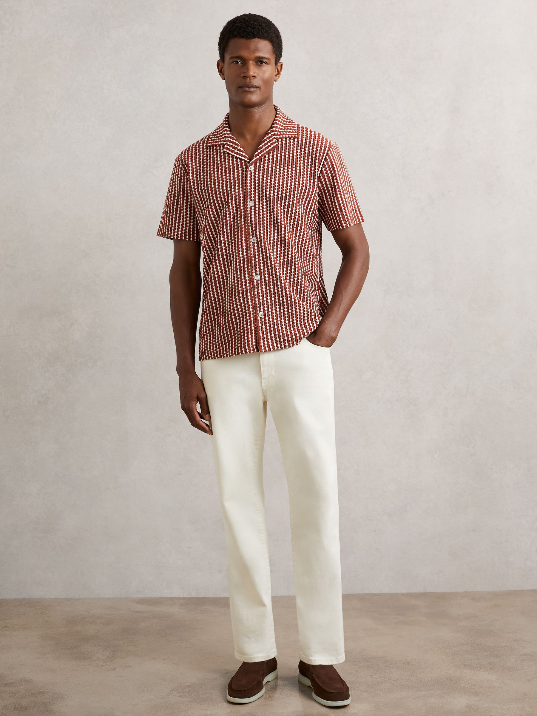 Buy Reiss Rust Red/White Tower Textured-Stripe Cuban-Collar Shirt