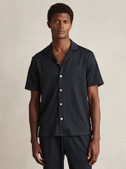 Reiss Navy Elio Wave-Jacquard Cuban-Collar Shirt - Image 1 of 6