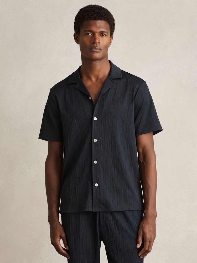 Reiss Navy Elio Wave-Jacquard Cuban-Collar Shirt - Image 1 of 6