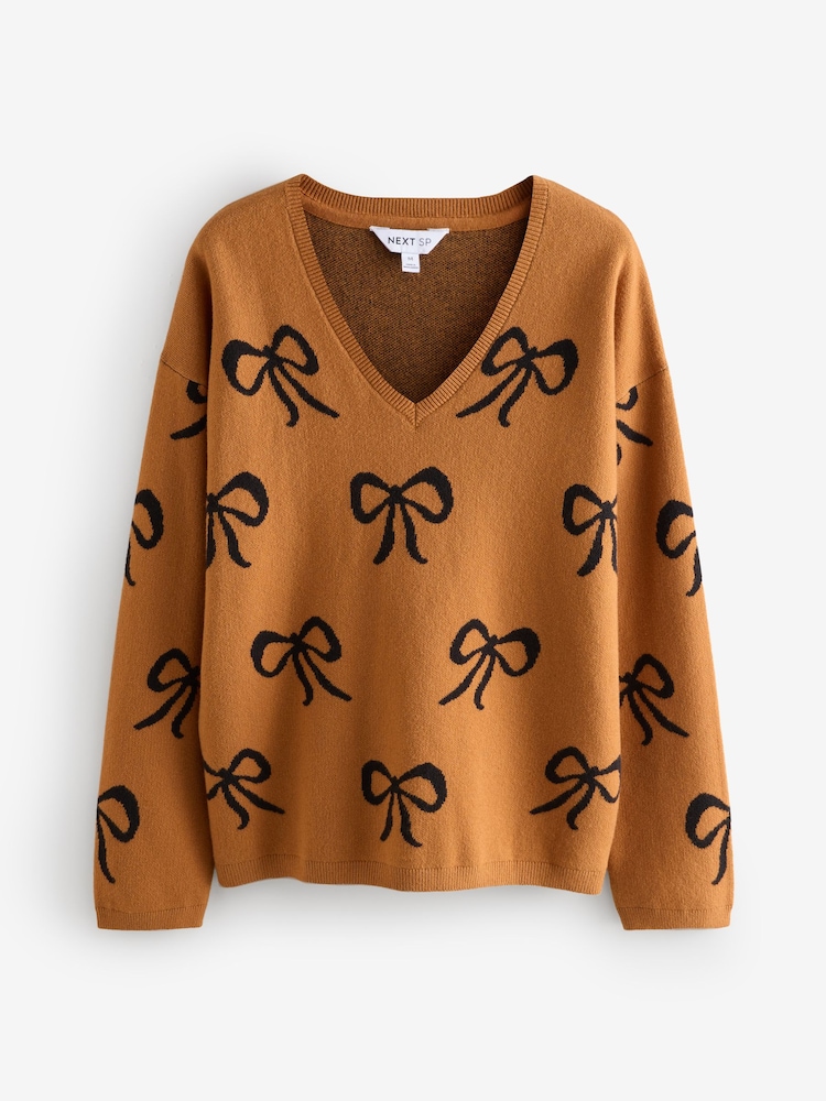 Tan Brown V-Neck With Full Sleeves Bow Sweater - Image 1 of 1