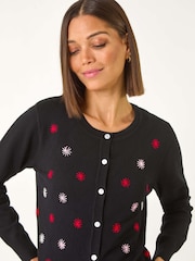 Roman Black Embroidered Daisy Knit Cardigan - Image 1 of 5