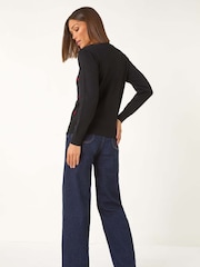 Roman Black Embroidered Daisy Knit Cardigan - Image 3 of 5