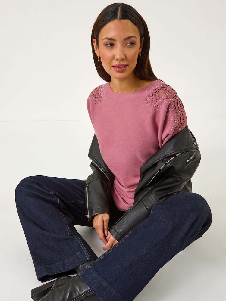 Rosa - Suéter de punto con mangas adornadas con pedrería de Roman - Imagen 1 de 5 Rosa - Suéter de punto con mangas adornadas con pedrería de Roman - Imagen 1 de 5