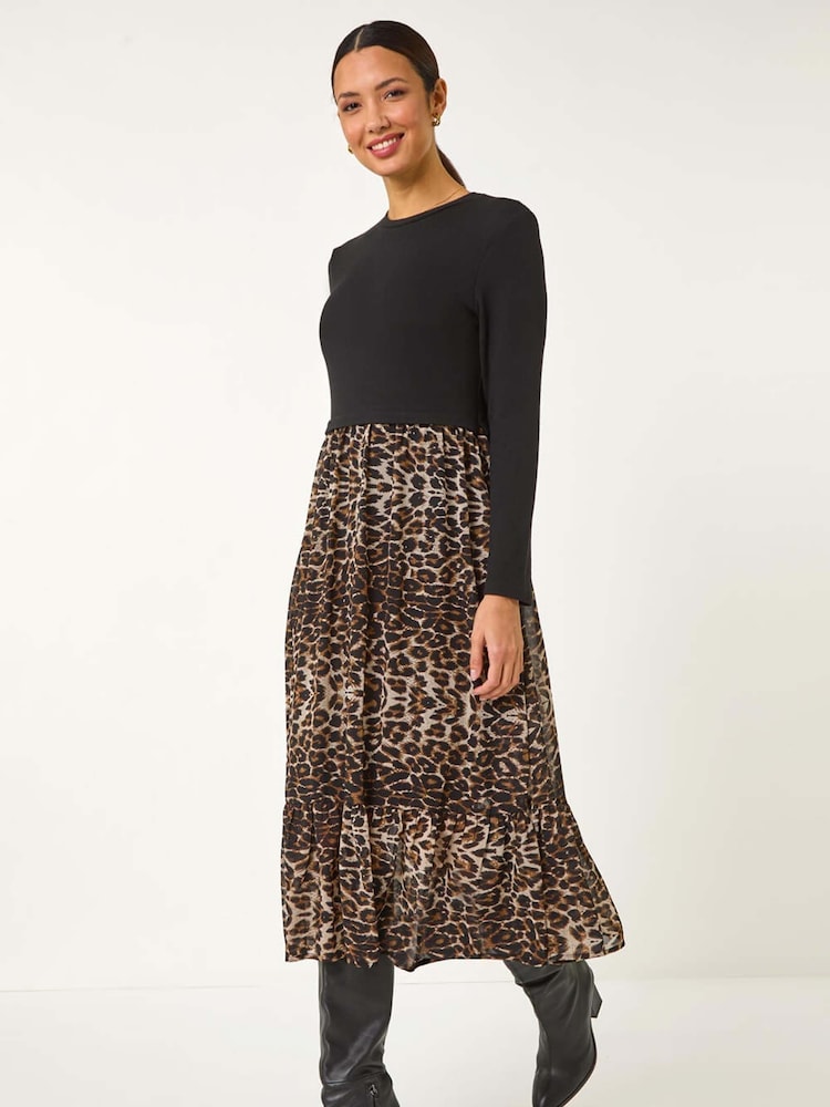 Roman Brown 2-in-1 Animal Print Stretch Midi Dress - Image 1 of 5