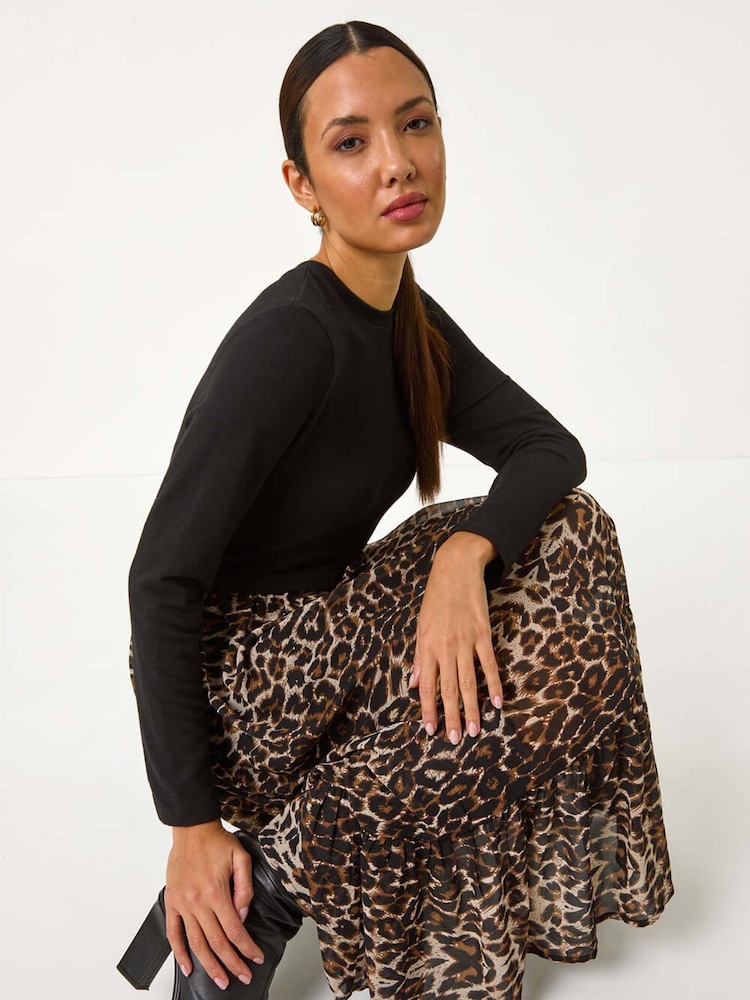 Roman Brown 2-in-1 Animal Print Stretch Midi Dress - Image 2 of 5