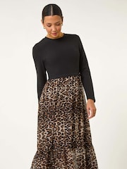 Roman Brown 2-in-1 Animal Print Stretch Midi Dress - Image 4 of 5
