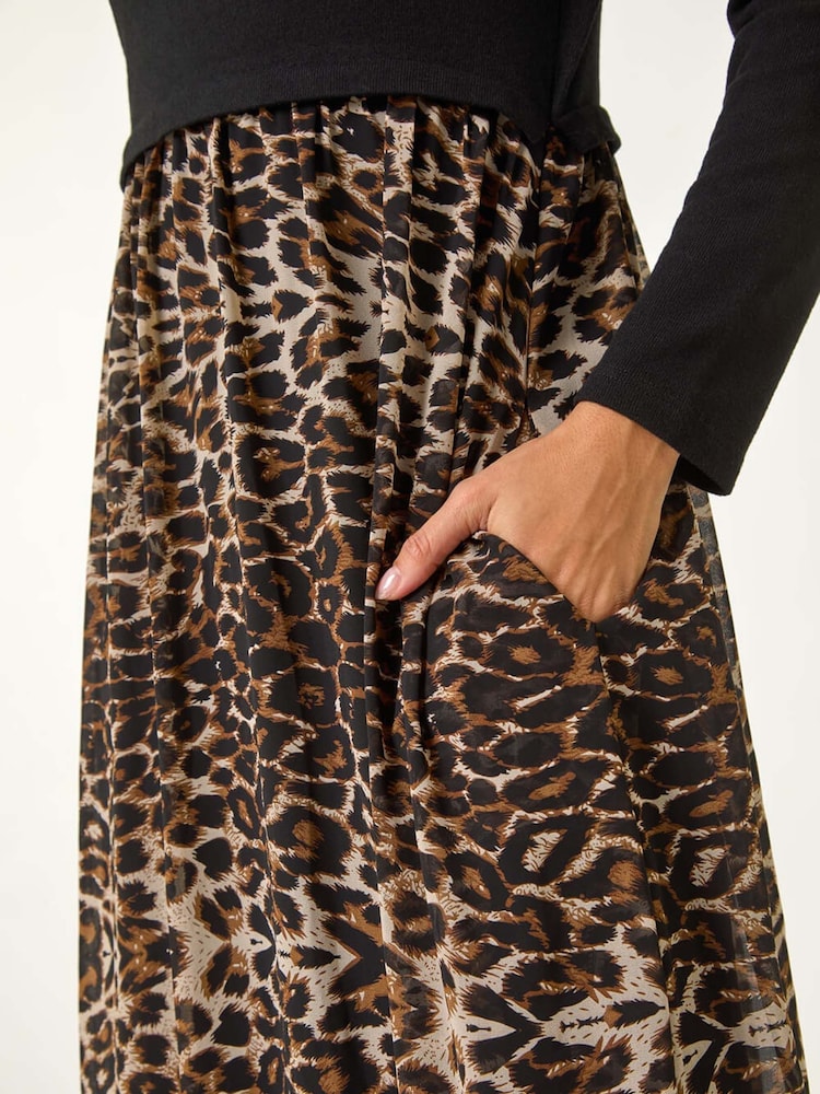 Roman Brown 2-in-1 Animal Print Stretch Midi Dress - Image 5 of 5