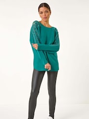 Roman Green Hotfix Embellished Sleeve Knit Jumper - Image 2 of 5