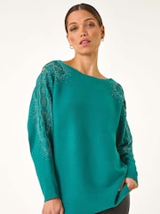 Roman Green Hotfix Embellished Sleeve Knit Jumper - Image 4 of 5