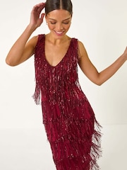 Roman Red Sequin Tassle Midi Dress - Image 1 of 5