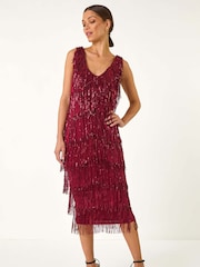 Roman Red Sequin Tassle Midi Dress - Image 2 of 5