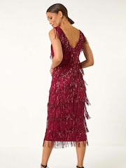 Roman Red Sequin Tassle Midi Dress - Image 3 of 5