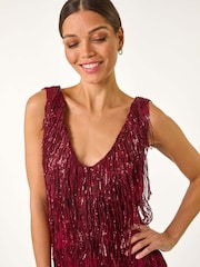Roman Red Sequin Tassle Midi Dress - Image 4 of 5