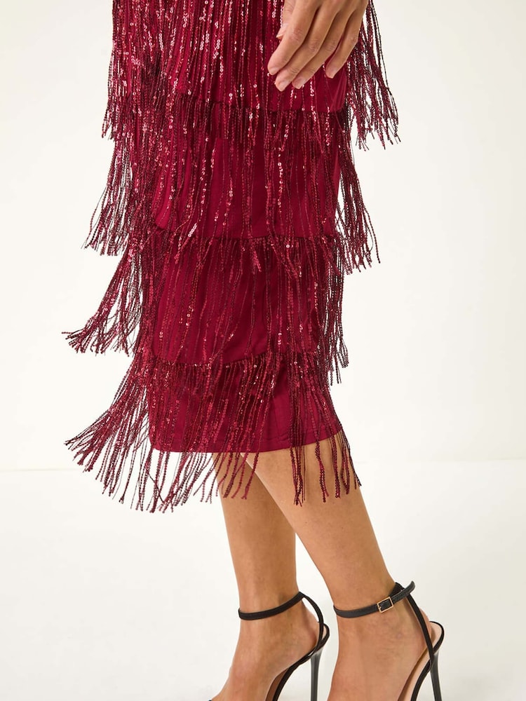 Roman Red Sequin Tassle Midi Dress - Image 5 of 5