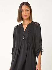 Roman Black Lace Trim Buttoned Tunic Top - Image 1 of 5