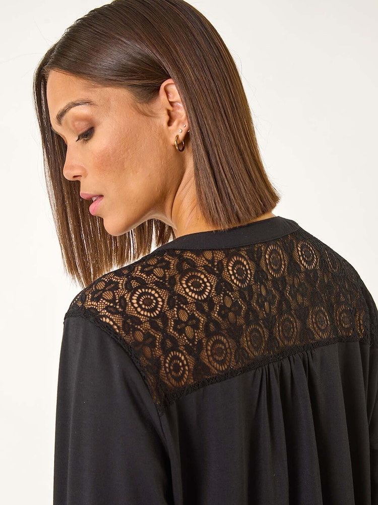Roman Black Lace Trim Buttoned Tunic Top - Image 2 of 5