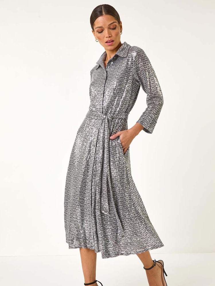Roman Metallic Sequin Skater Shirt Dress - Image 2 of 5