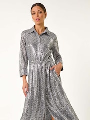Roman Metallic Sequin Skater Shirt Dress - Image 5 of 5