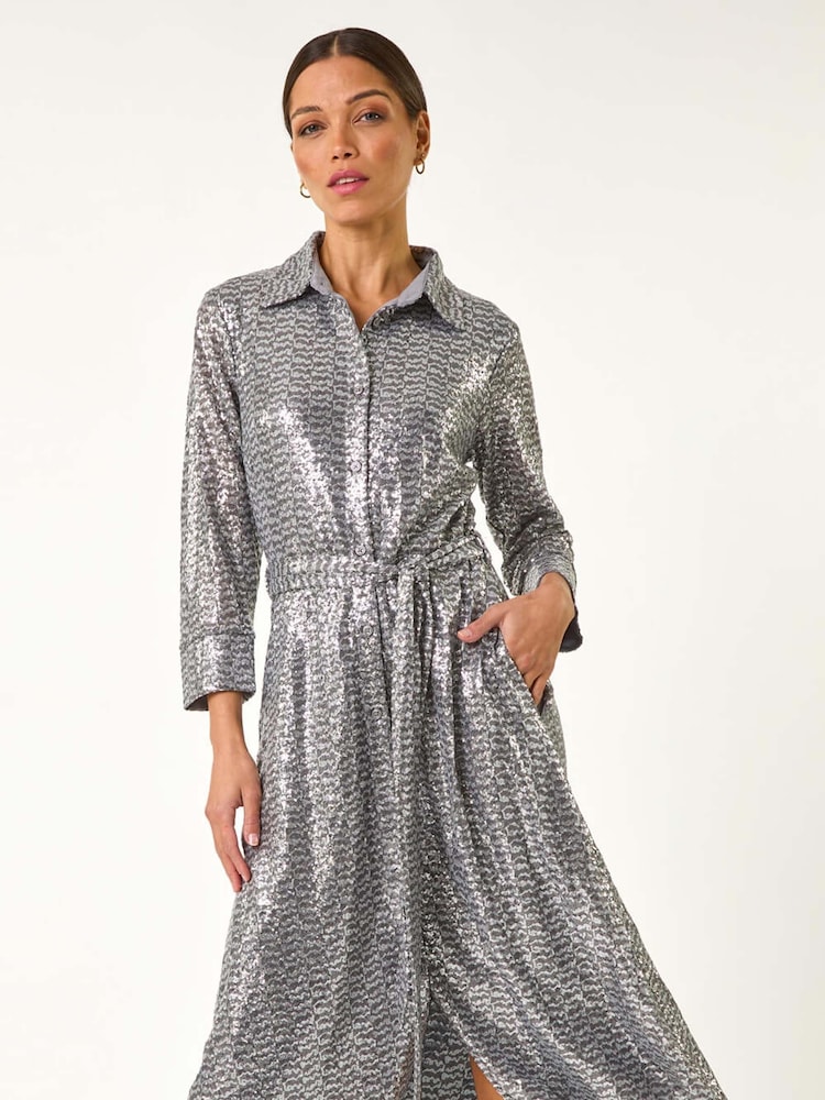 Roman Metallic Sequin Skater Shirt Dress - Image 5 of 5