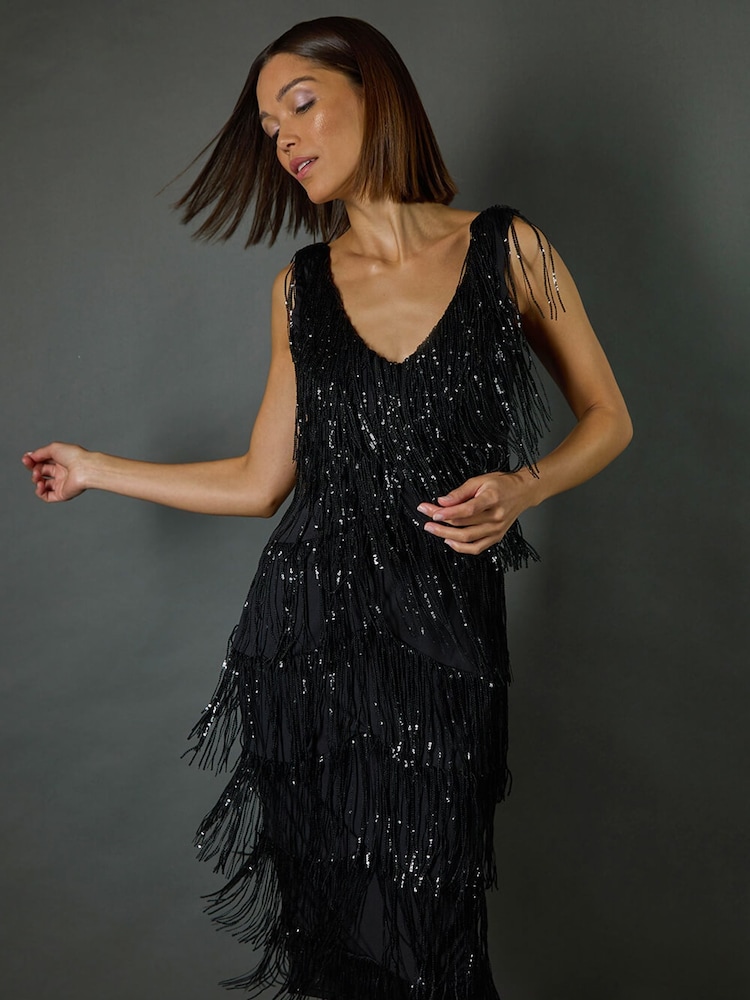 Roman Black Sequin Tassle Midi Dress - Image 2 of 8
