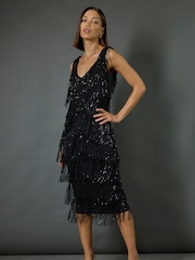 Roman Black Sequin Tassle Midi Dress - Image 3 of 8