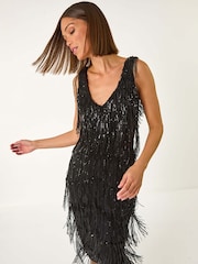 Roman Black Sequin Tassle Midi Dress - Image 4 of 8