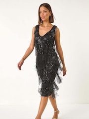 Roman Black Sequin Tassle Midi Dress - Image 5 of 8