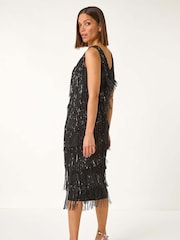 Roman Black Sequin Tassle Midi Dress - Image 6 of 8