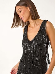 Roman Black Sequin Tassle Midi Dress - Image 7 of 8