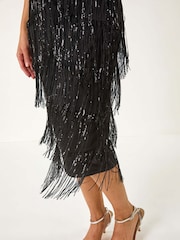 Roman Black Sequin Tassle Midi Dress - Image 8 of 8