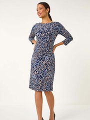 Roman Blue Abstract Print Side Twist Shift Dress - Image 1 of 5