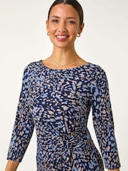 Roman Blue Abstract Print Side Twist Shift Dress - Image 4 of 5