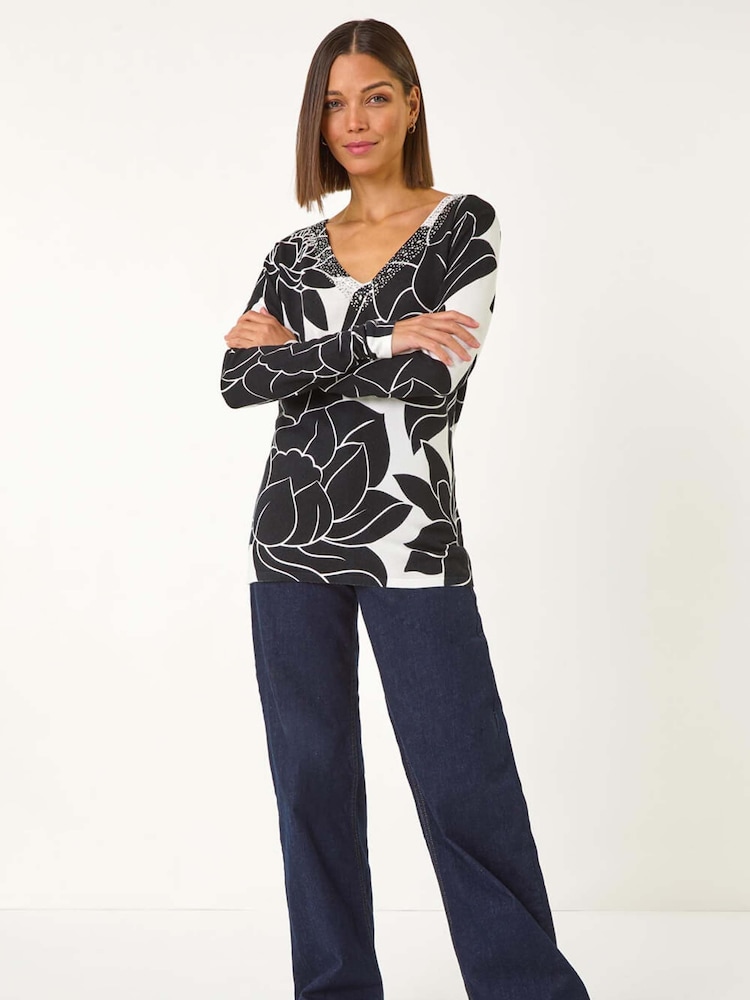 Roman Black/white Lilly Floral Print Knit Jumper - Image 1 of 5