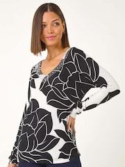 Roman Black/white Lilly Floral Print Knit Jumper - Image 3 of 5