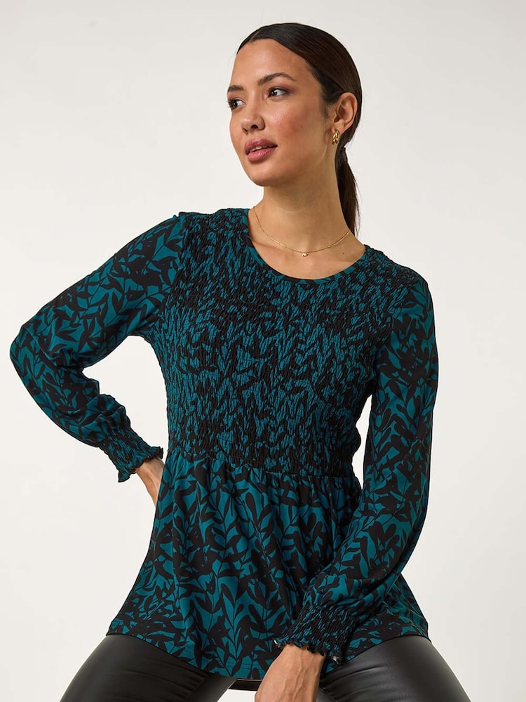 Roman Blue Abstract Printed Shirred Tunic Top - Image 1 of 5