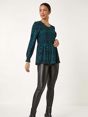 Roman Blue Abstract Printed Shirred Tunic Top - Image 2 of 5