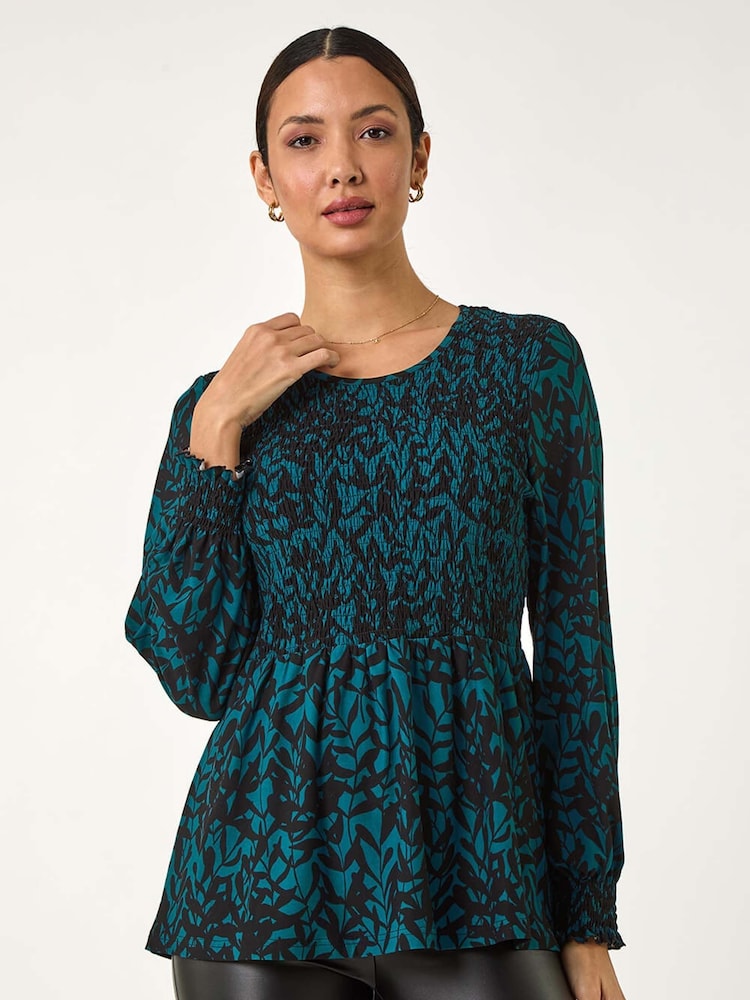 Roman Blue Abstract Printed Shirred Tunic Top - Image 4 of 5