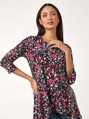 Roman Pink Floral Print Swing Stretch Tunic Top - Image 4 of 5
