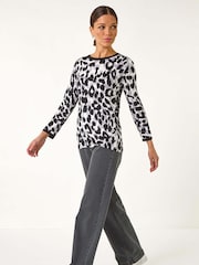 Roman Black Animal Print 3/4 Sleeve Knit Jumper - Image 2 of 5