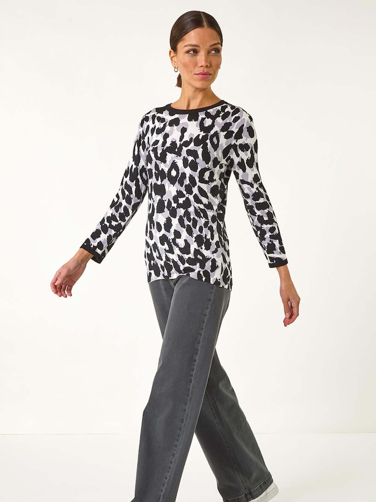 Roman Black Animal Print 3/4 Sleeve Knit Jumper - Image 2 of 5