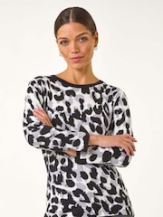 Roman Black Animal Print 3/4 Sleeve Knit Jumper - Image 4 of 5