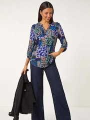 Roman Blue Paisley Contrast Print Stretch Top - Image 1 of 5