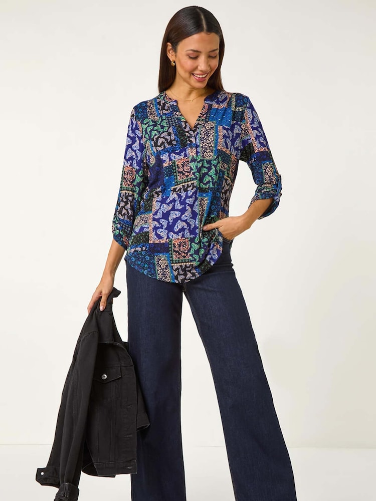Roman Blue Paisley Contrast Print Stretch Top - Image 1 of 5