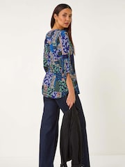 Roman Blue Paisley Contrast Print Stretch Top - Image 3 of 5