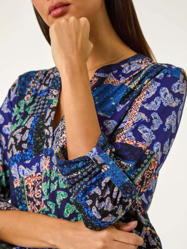 Roman Blue Paisley Contrast Print Stretch Top - Image 5 of 5